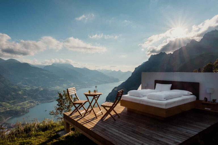 Bed overlooking lake